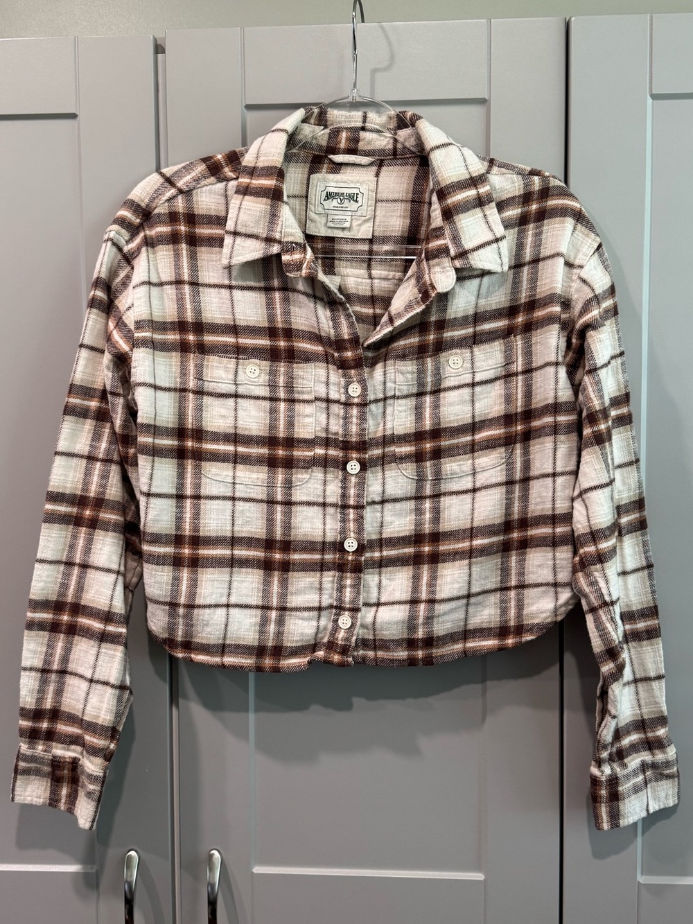 American Eagle Cropped Plaid Flannel Top - Brown & Cream